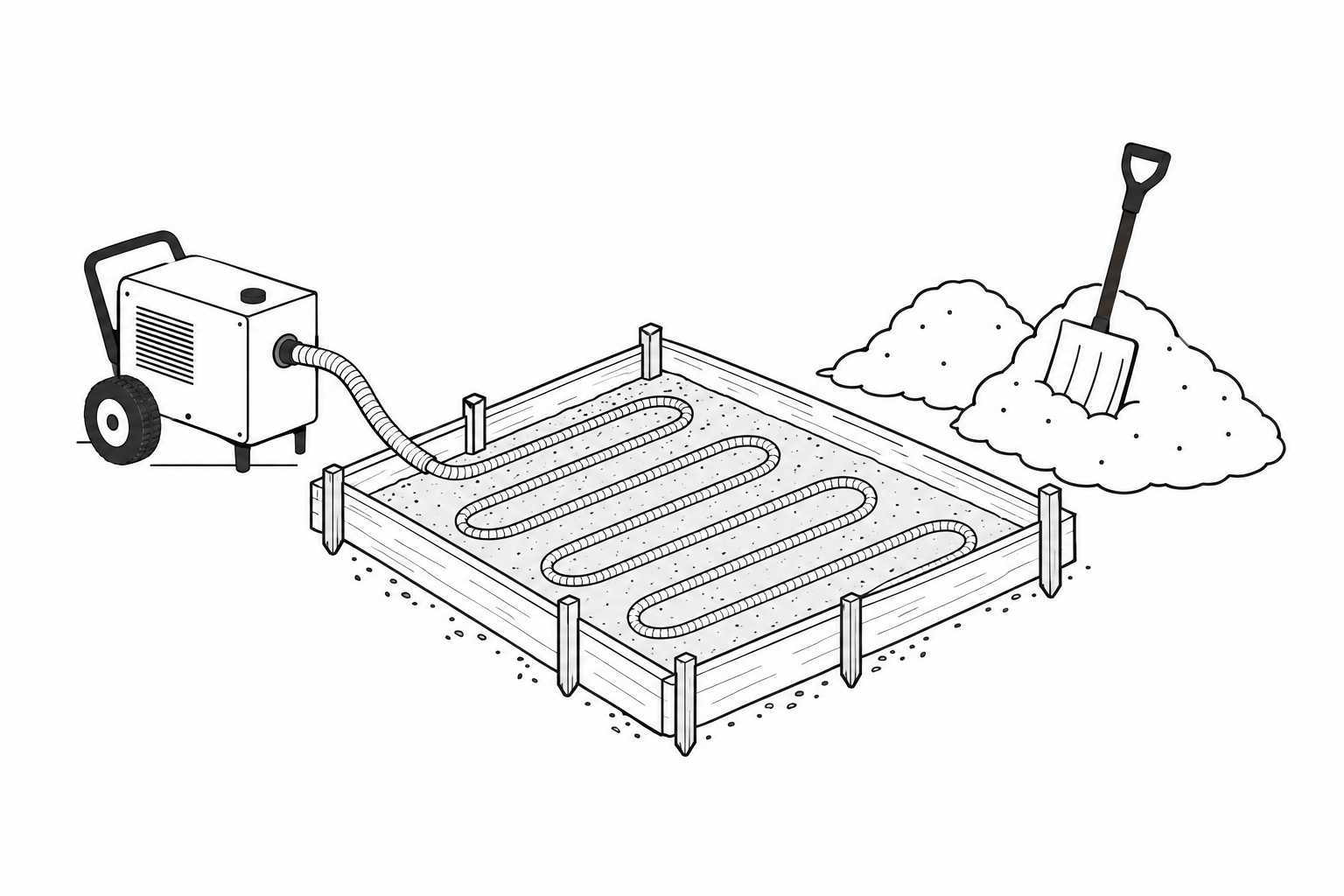 Line drawing of an empty wooden slab form with a heating hose laid back and forth across the bare ground inside it, a wheeled heater beside the form, and snow shoveled into two piles with a snow shovel stuck in one.