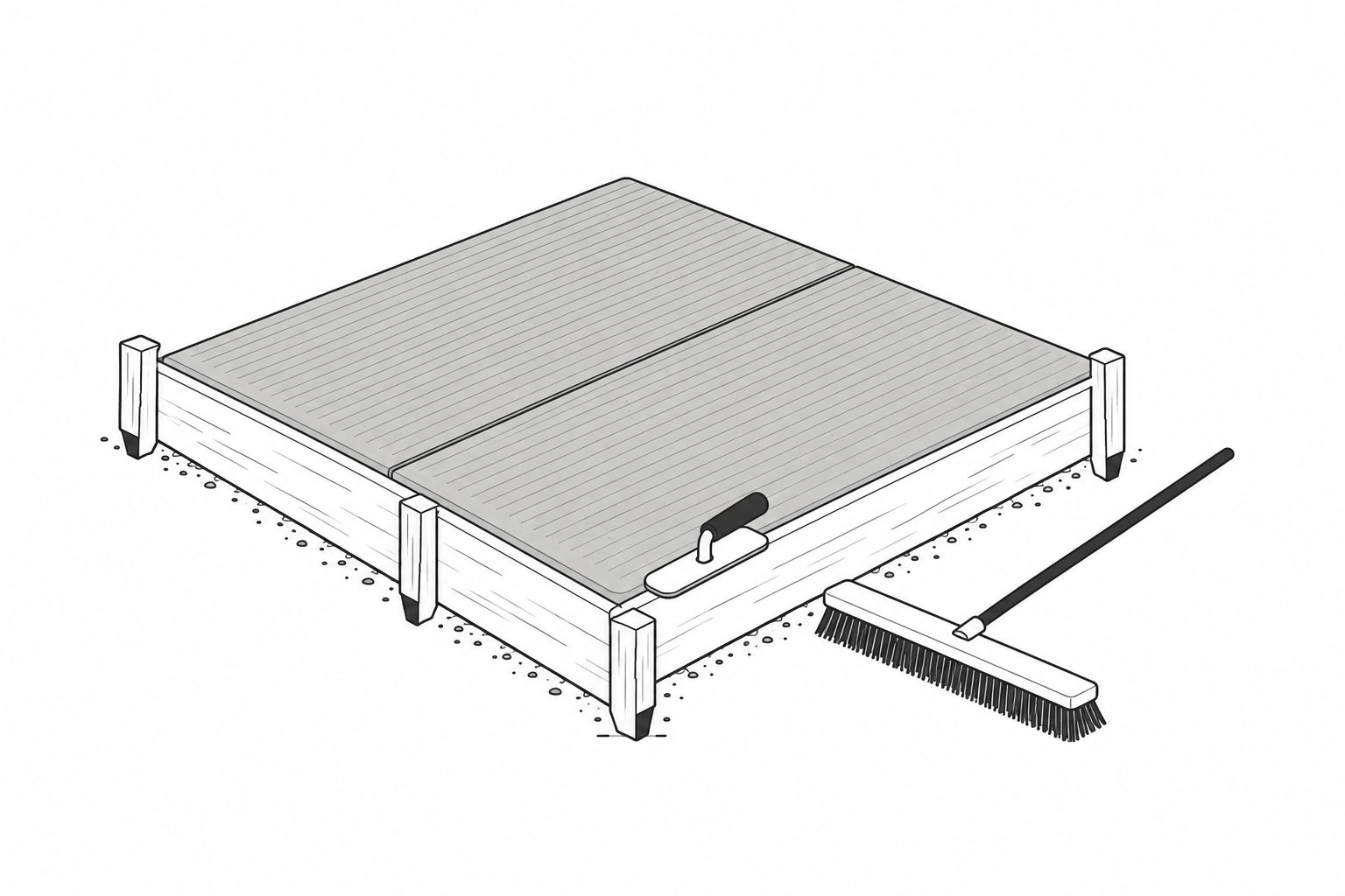 Line drawing of a finished concrete slab in wooden forms with fine parallel broom lines, a tooled control joint across the middle, a hand edger resting on the slab and a push broom on the ground.