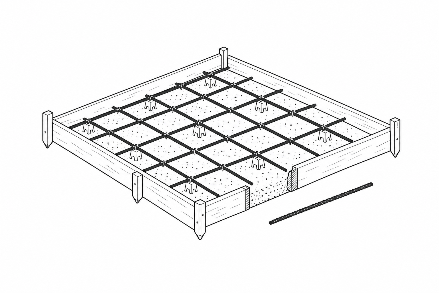 Line drawing of an empty wooden form with a lattice of tied rebar held off the gravel base on small plastic bar supports, and one loose length of rebar lying beside it.