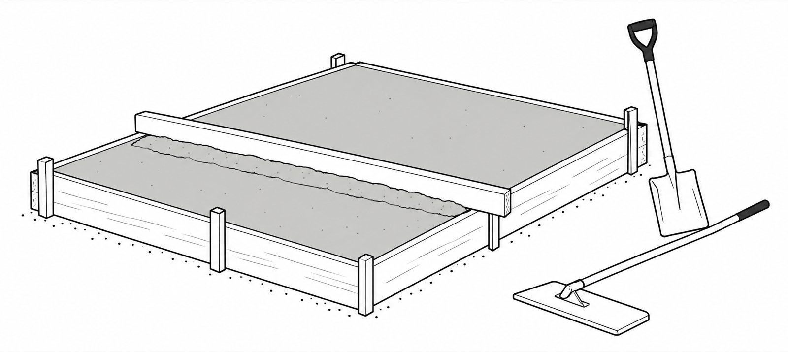 Line drawing of a thin concrete slab inside low wooden forms with a screed board across it, a bull float lying on the ground and a shovel leaning against the form.