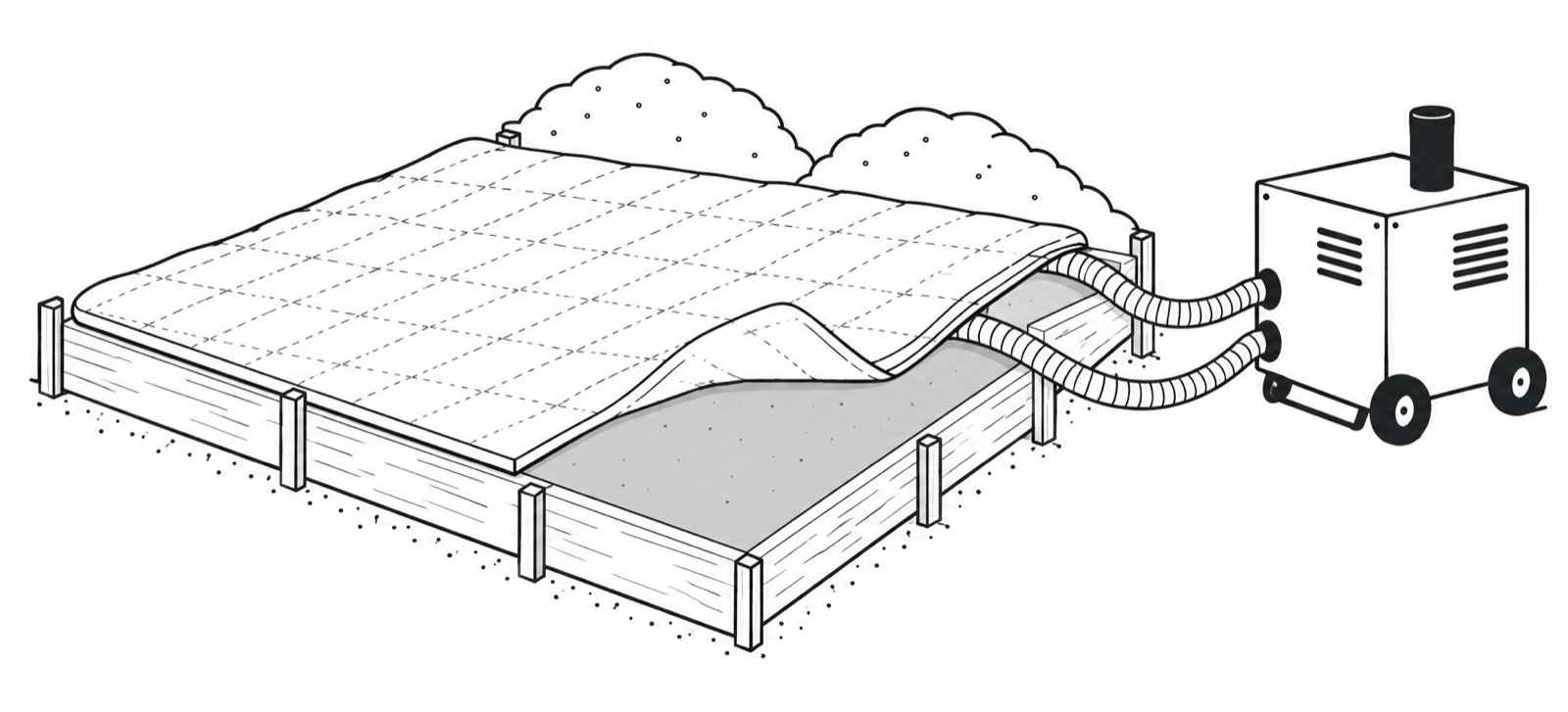 Line drawing of a freshly poured concrete slab in wooden forms under a quilted insulating blanket with one corner folded back, and a ground heater beside it with two hoses running under the blanket.