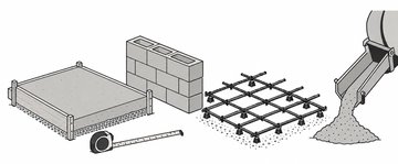 Line drawing of a concrete slab with a tape measure, a block wall, a rebar grid, and a ready-mix chute pouring concrete