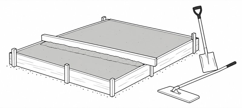 Line drawing of a thin concrete slab inside low wooden forms with a screed board across it, a bull float lying on the ground and a shovel leaning against the form.